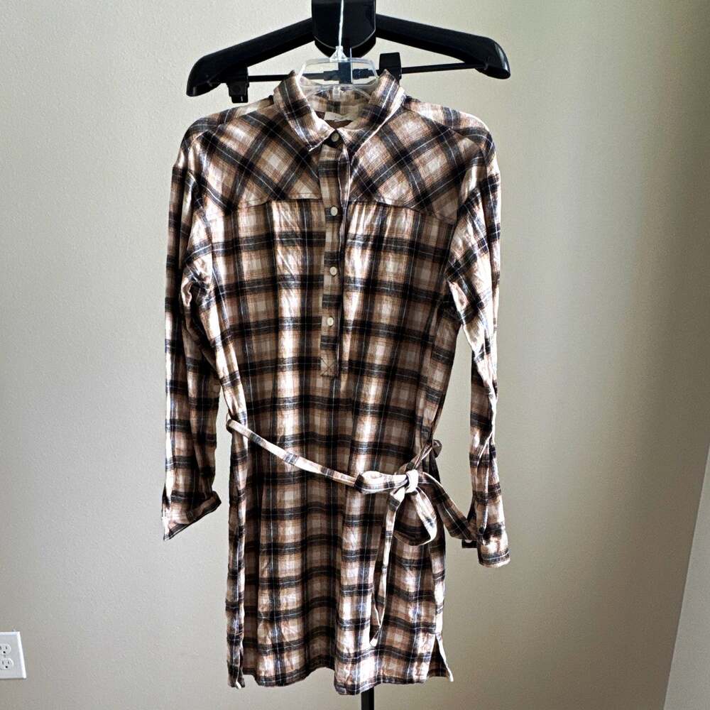 LOFT Outlet Womens Plaid Shirt Dress M Collared Long Sleeve Button Belted fall